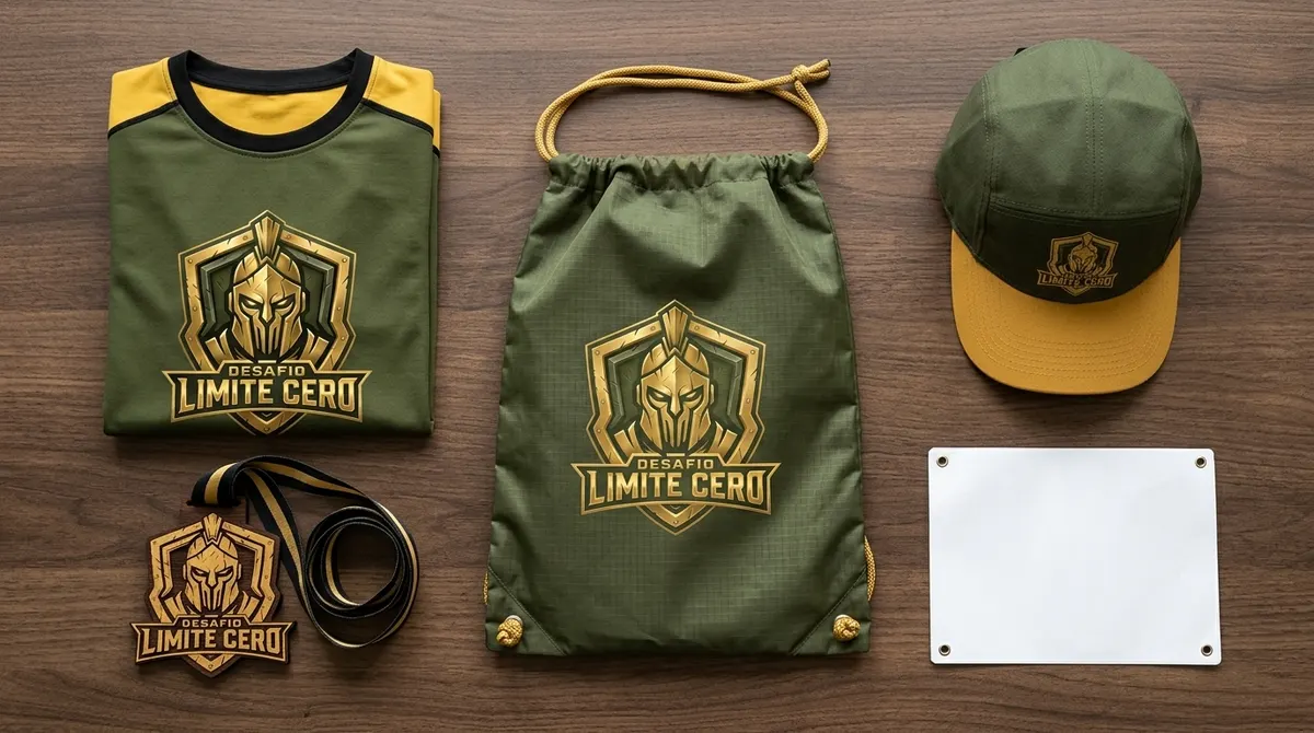 Franela verde y amarilla, bolsa, gorra, medalla y dorsal del kit sobre una mesa de madera